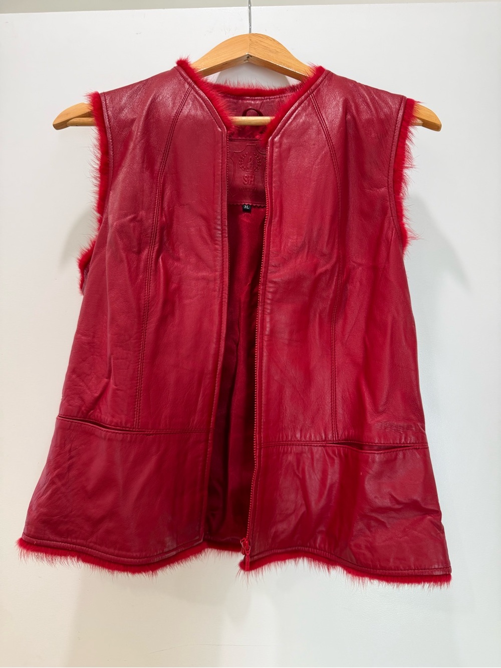 Vintage Red Leather Fur-Trim Sleeveless Vest